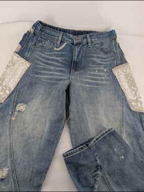 OH Brand Women’s Blue Washed Denim Jeans with Beige Bandana Patch
